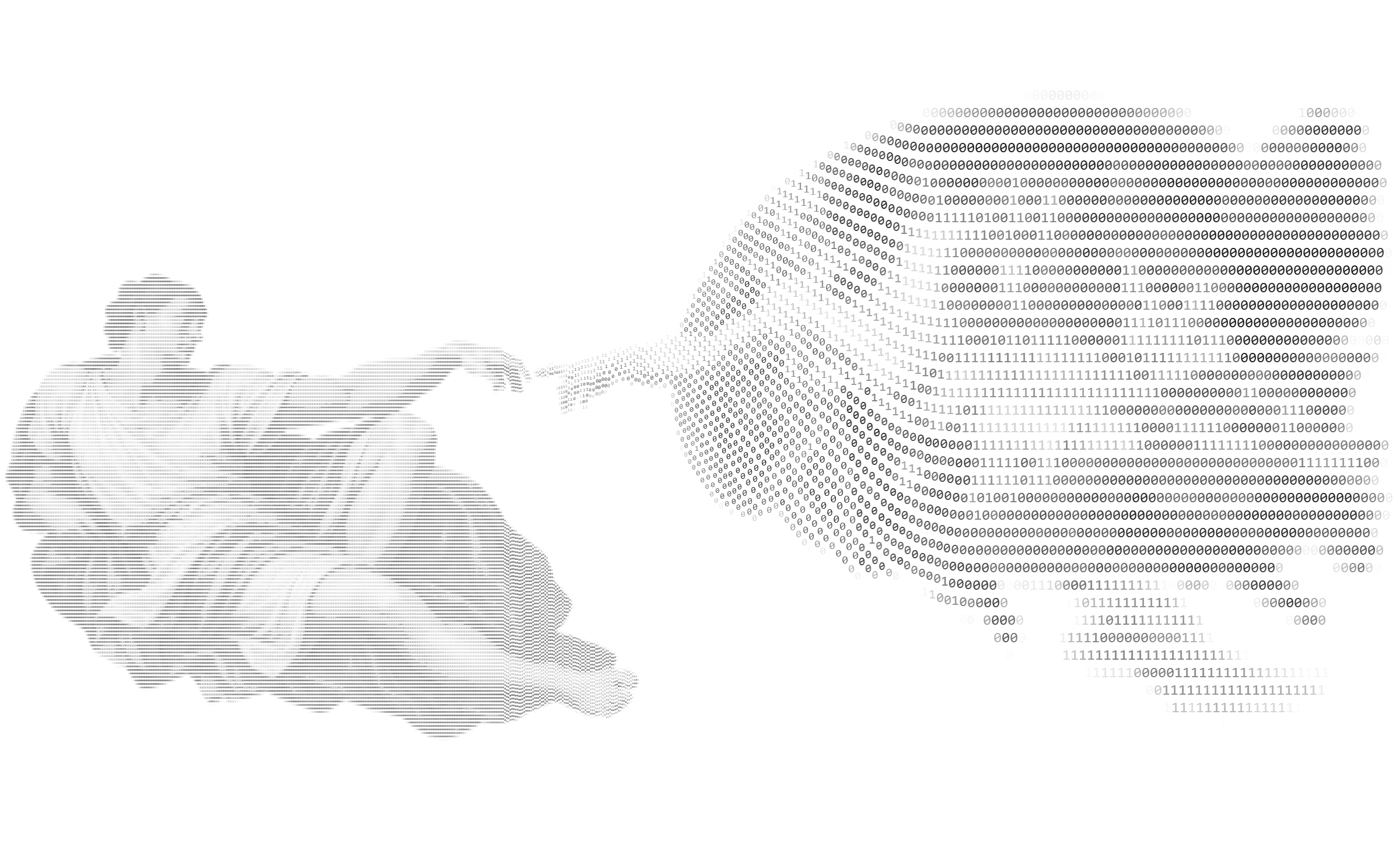 Two figures reaching toward one another, rendered in binary digits.